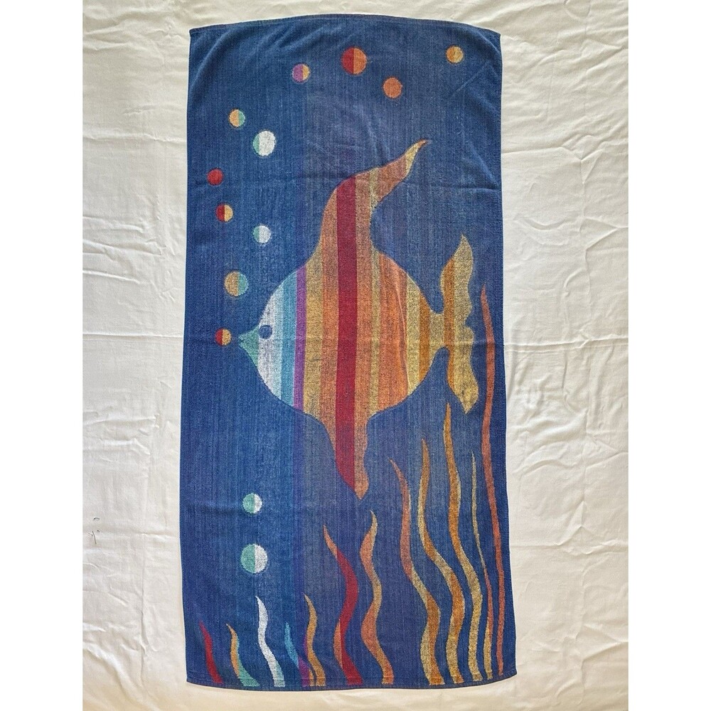 Vtg Cecil Saydah Body Towels Beach Towel Angelfish Fish Ocean Bubbles Stripes